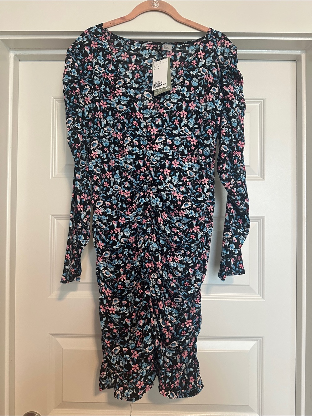 H&M Black Long Sleeve Floral Ruched Midi Dress with Pink & Blue Blooms